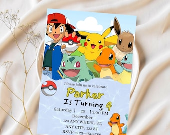 Bewerkbare Pokemon-verjaardagsuitnodiging, Pokemon-kaartuitnodiging, Pikachu-verjaardagsuitnodiging, afdrukbare Pokemon-uitnodigingssjabloon,