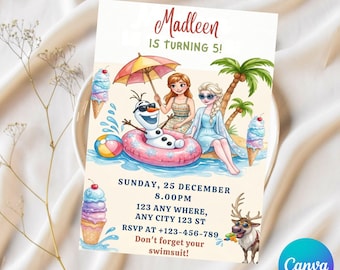 Convite de aniversário Frozen Summer Pool Party, convite para festa na piscina com as princesas Elsa, Anna e Olaf, modelo para decoração de aniversário de 2, 3, 4 e 5 anos, download digital.
