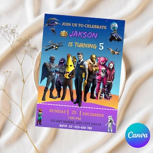 Editable Fortnites Birthday Invitation Video Game Party Invite Template for kids boy  Gamer Party Invite Fort Canva Design Instant Download