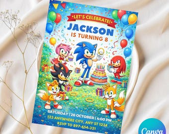 Convite de aniversário do Sonic editável, convite para festa do Sonic The Hedgehog, convite eletrônico imprimível para festa de aniversário infantil, modelo do Canva