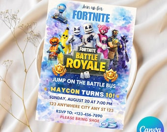 Convite de Aniversário com Tema de Jogo de Fortaleza: Festa Gamer, Modelo Editável no Canva, Convite com Tema de Battle Royale, Download Digital