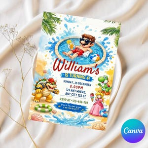 May include: A colorful birthday party invitation featuring a cartoon illustration of a character in a pool, with the text "William's is turning 4!" and party details. The invitation includes cartoon characters and the Canva logo.
