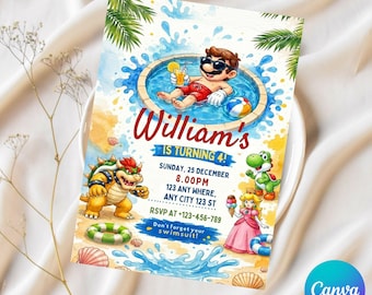 Convite para Festa na Piscina do Super Mario, Convite para Festa de Aniversário do Mario, Convite para festa na piscina, Download Instantâneo, Modelo Editável do Canva