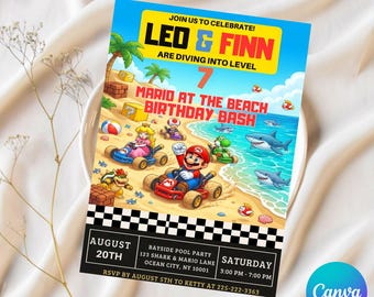Convite de aniversário do Super Mario editável, convite de aniversário do Super Mario para crianças, modelo de convite do Mario para imprimir no Canva, festa de aniversário para meninos