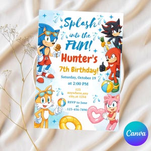 Faire-part d'anniversaire modifiable à la piscine Sonic, Sonic le hérisson, invitation à une fête d'été, téléchargement numérique, Invitation instantanée pour les garçons