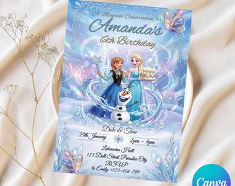 Convite de Aniversário Frozen Editável para Festa de Aniversário Frozen com Elsa e Anna - Convite para Festa de Aniversário Frozen para Menina - Download Digital em Canva