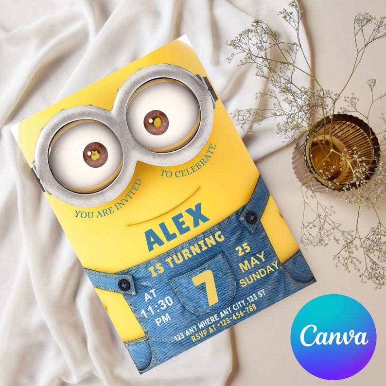 May include: A yellow birthday invitation featuring a Minion design. The invitation includes the name "ALEX", the age "7", and the date "25 MAY SUNDAY". The text "YOU ARE INVITED TO CELEBRATE" is also visible.