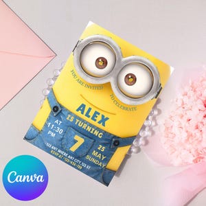 May include: A yellow birthday invitation card featuring a Minion design with the text "ALEX IS TURNING 7". The card includes details for the party: time, date, and RSVP information. The Canva logo is visible.