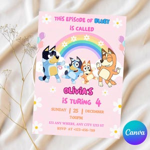 Invito di compleanno Bluey modificabile. Invito di compleanno, invito per la festa della ragazza del compleanno, invito per la festa di compleanno di Bluey, invito per la festa di compleanno, Canva