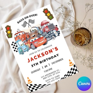 Cars Birthday Invitation, Kids Birthday Invitation, Lightning McQueen Invitation, Editable Personalized Canva Digital Download image 2