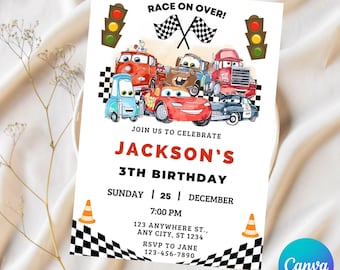 Cars Birthday Invitation, Kids Birthday Invitation, Lightning McQueen Invitation, Editable Personalized Canva  Digital Download