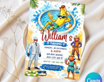 Convite para festa de aniversário com tema de jogo na piscina, Convite para festa de aniversário na piscina, Convite para festa com tema de jogos, Convite para festa de aniversário com tema de videogame, Convite para festa na piscina