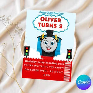 Invito di compleanno a tema Thomas the Tank Engine: festa in treno, modello Canva modificabile (download digitale)