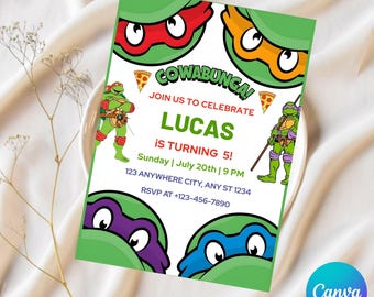 Convite editável das Tartarugas Ninja, convite de aniversário com tema de karatê para menino, download instantâneo, modelo de convite de aniversário infantil com tema de tartarugas.