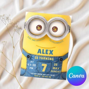 Modèle d'invitation d'anniversaire Minion modifiable, invitations de fête d'anniversaire imprimables, carte Evite Bday, modèle d'invitation de fête numérique pour enfants