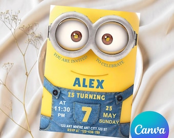 Editable Minion Birthday Invitation Template, Printable Birthday Party Invitations, , Evite Bday Card, Digital Kids Party Invite Template