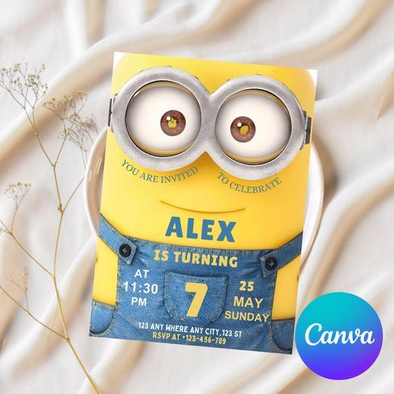 Editable Minion Birthday Invitation Template, Printable Birthday Party Invitations, , Evite Bday Card, Digital Kids Party Invite Template.