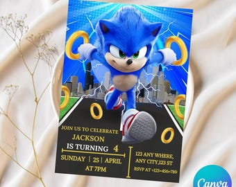 Sonic Birthday Invitation: Super Hedgehog Party, Editable Canva Template (Digital Download)