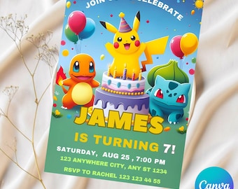 Convite Pokémon editável, convite de aniversário Pokémon, convites para festa de aniversário para imprimir, modelo de convite digital para festa de aniversário, Canva