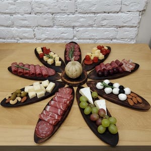8-Piece Ash Wood Buffet Serving Set | Charcuterie Board & Candle Stand | Beeswax Finish Party Platter | Unique Hostess Eco Gift | Handmade