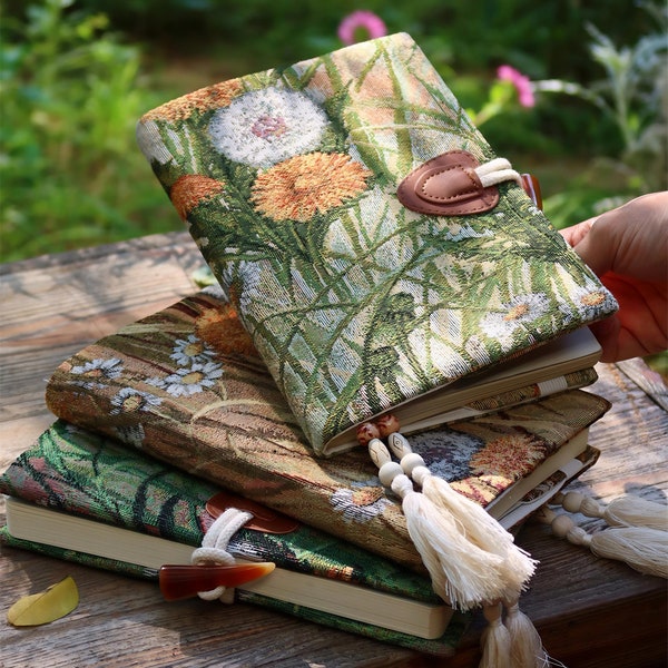 Cuaderno de hierba otoñal / Diario bordado hecho a mano A5 y A6 / Lindo diario de viaje / Cubierta de libro de tela jacquard Regalo para ella viajera
