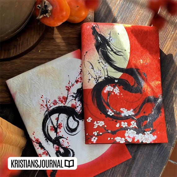 Moon Dragon Handmade Silk Notebook | A5 & A6 120gsm Japanese Cherry Blossom Sakura Journal | Fabric Cover Gift for Writers And Travelers