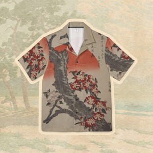 Cherry Blossom and Sun Surimono by Hokusai Men&#39;s Hawaiian Shirt, Japanese Woodblock Art, Casual Vacation Top