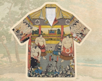 Sumo Entering The Ring by Utagawa Yoshiiku Men's Hawaiian Shirt, Japanese Woodblock Art, Casual Vacation Top