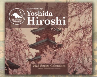 Yoshida Hiroshi 2026 wandkalender, Japanse houtsneden ukiyo-e, vintage kunst voor thuis en op kantoor, (11 x 8,5 en 14 x 11,5 inch)