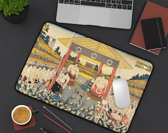 Sumo Entering The Rin' by Utagawa Yoshiiku Mouse Pad, Vintage Art Desk Mat, Japanese Woodblock Prints