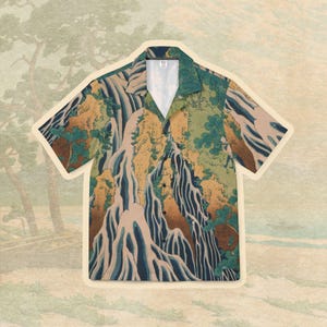 Autumn Waterfall by Hokusai Men&#39;s Hawaiian Shirt, Japanese Woodblock Art, Casual Vacation Top