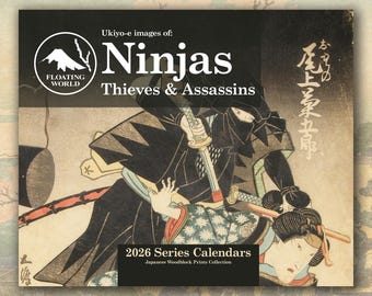 Wandkalender Ninjas 2026, Japanse houtsneden ukiyo-e, vintage kunst voor thuis en op kantoor, (11 x 8,5 en 14 x 11,5 inch)