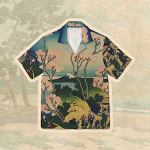 Mount Fuji & Cherry Blossoms by Hokusai Men&#39;s Hawaiian Shirt, Japanese Woodblock Art, Casual Vacation Top