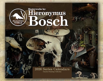 Calendrier mural Jérôme Bosch 2026, peintures classiques, art fantastique vintage pour la maison et le bureau, (11 x 8,5 po. et 34 po. x 11,5 po.)