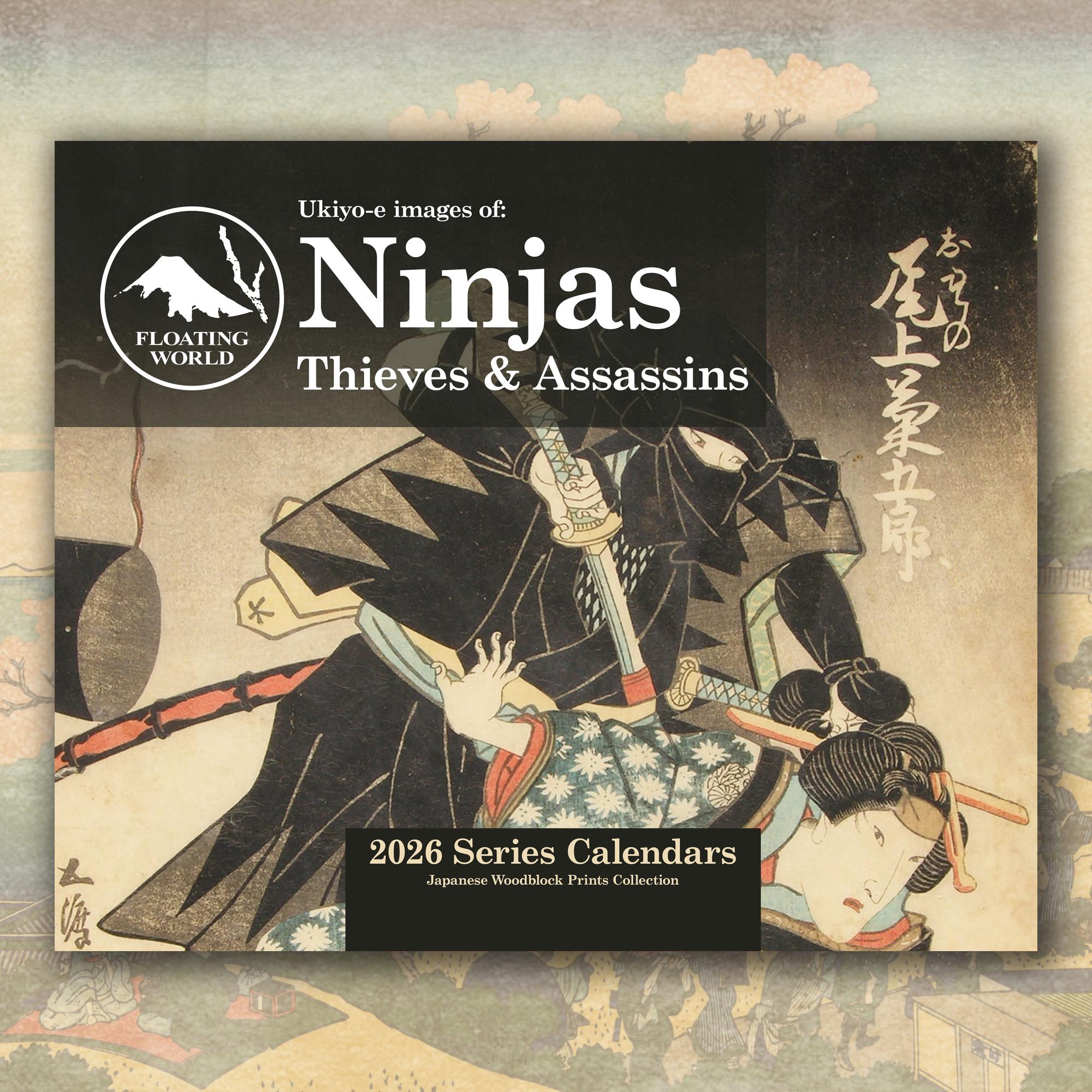Calendrier mural Ninjas 2026, gravures sur bois japonaises Ukiyo-e, oeuvre d'art vintage pour la maison et le bureau, (11 x 8,5 po. et 34 po. x 11,5 po.)