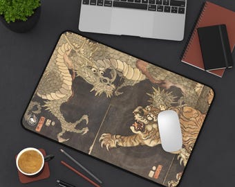 Dragon and Tigers by Utagawa Sadahide Mouse Pad, Vintage Art Desk Mat, Japanese Woodblock Prints