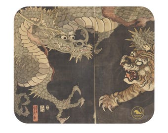 Alfombrilla de ratón "Dragón y tigres" de Utagawa Sadahide, grabados en madera japoneses, arte ukiyo-e