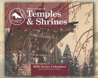 Calendrier mural temples et sanctuaires 2026, gravure sur bois japonaise Ukiyo-e, oeuvre d&#39;art vintage pour la maison et le bureau, (11 x 8,5 po. ou 34 x 11,5 po.)