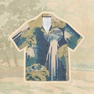 Summer Waterfall by Hokusai Men&#39;s Hawaiian Shirt, Japanese Woodblock Art, Casual Vacation Top
