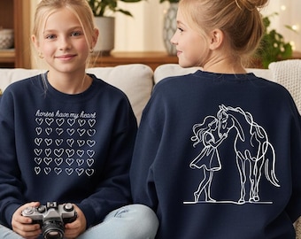 Youth Girls Cute Horse Sweatshirt with front and back design, Horses have my heart equestrian sweatshirt, Valentine's Day horse girl shirt