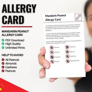 Mandarijn-pindaallergiekaart voor reizen en restaurants | Pinda- en notenallergie in China (digitale download)