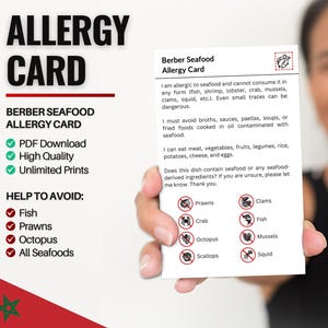 Carte berbère d'allergies aux fruits de mer pour les voyages et les restaurants | Allergie au poisson et aux fruits de mer au Maroc (téléchargement numérique)