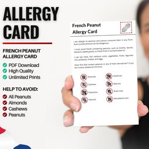 Cartão francês de alergia a amendoim para viagens e restaurantes | Alergia a amendoim e nozes na França (download digital)