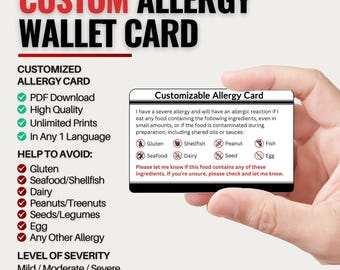 Wallet-Size Custom Allergy Card for Travel | Gluten-Free, Nut, Dairy & More | Personalized for Any Country or Language (Digital Download)