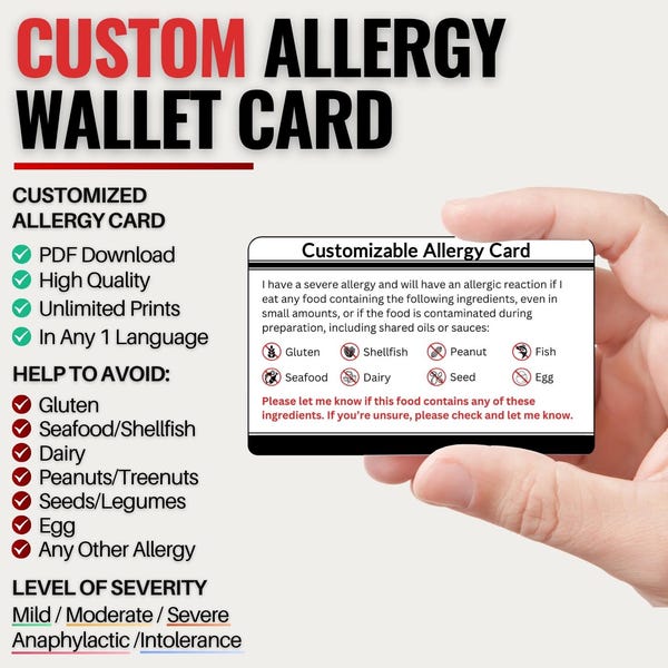 Wallet-Size Custom Allergy Card for Travel | Gluten-Free, Nut, Dairy & More | Personalized for Any Country or Language (Digital Download)