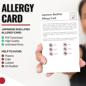 Cartão de alergia a frutos do mar japoneses para viagens e restaurantes | Alergia a camarão e crustáceos/frutos do mar no Japão (download digital)