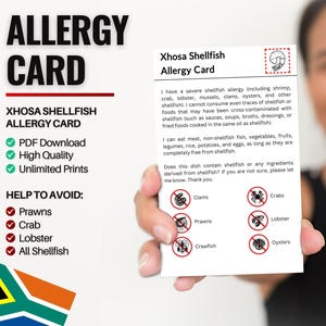 Xhosa Schalentier Allergie Karte für Reisen und Restaurants | Garnelen- & Krebstier-/Schalentierallergie in Südafrika (Digitaler Download)