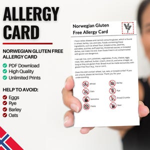 Noorse glutenvrije allergiekaart voor reizen en restaurants | Tarwe- en glutenvrije/coeliakie-allergie in Noorwegen (digitale download)