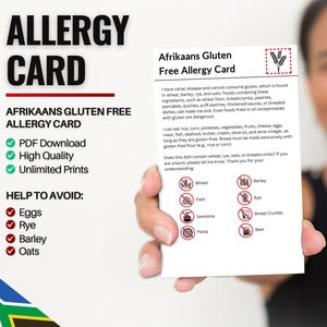 Afrikaanse glutenvrije allergiekaart voor reizen en restaurants | Tarwe- en glutenvrije/coeliakie-allergie in Zuid-Afrika (digitale download)
