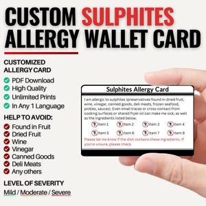 Wallet-Size Custom Sulphites Allergy Card for Travel | Sulfite Sensitivity, Intolerance, or Severe Reaction | Personalized in One Language